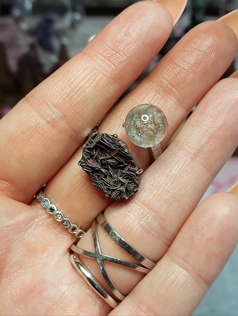 ⚒️ Bladed Hematite Rose & Garden Quartz Duo Copper Specimen Ring